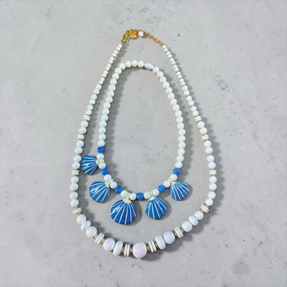 Liz Claiborne White Strand & Blue Shell Necklace Lot Beach Chic Set Summer Style - Picture 2 of 10